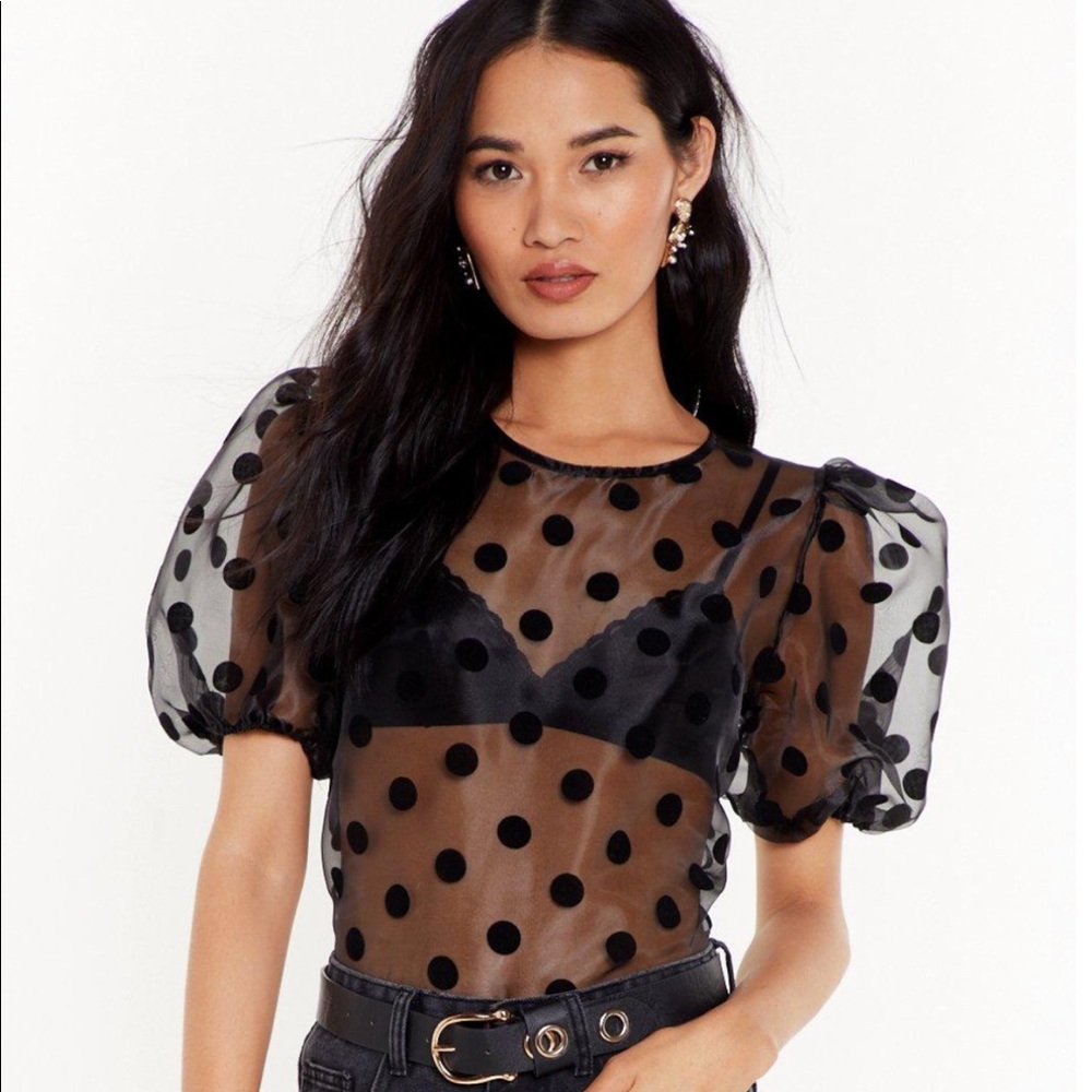 Nasty Gal Bubble Sleeve Polka Dot Sheer Blouse
